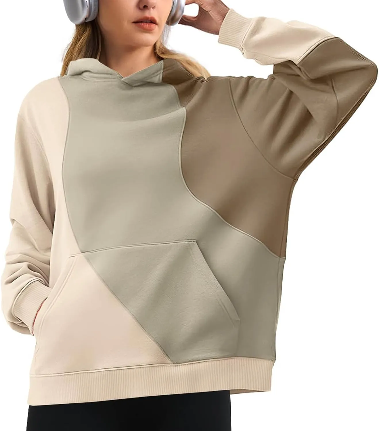 Hoodies for Women Long Sleeve Hoodies Pullover Color Block Loose Fit Hooded Sweatshirt with Pockets Casual Fall Clothes