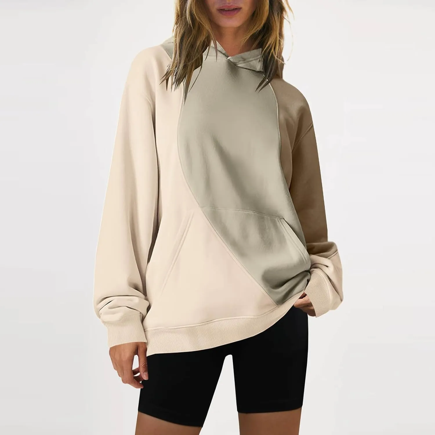 Hoodies for Women Long Sleeve Hoodies Pullover Color Block Loose Fit Hooded Sweatshirt with Pockets Casual Fall Clothes
