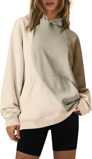 Hoodies for Women Long Sleeve Hoodies Pullover Color Block Loose Fit Hooded Sweatshirt with Pockets Casual Fall Clothes