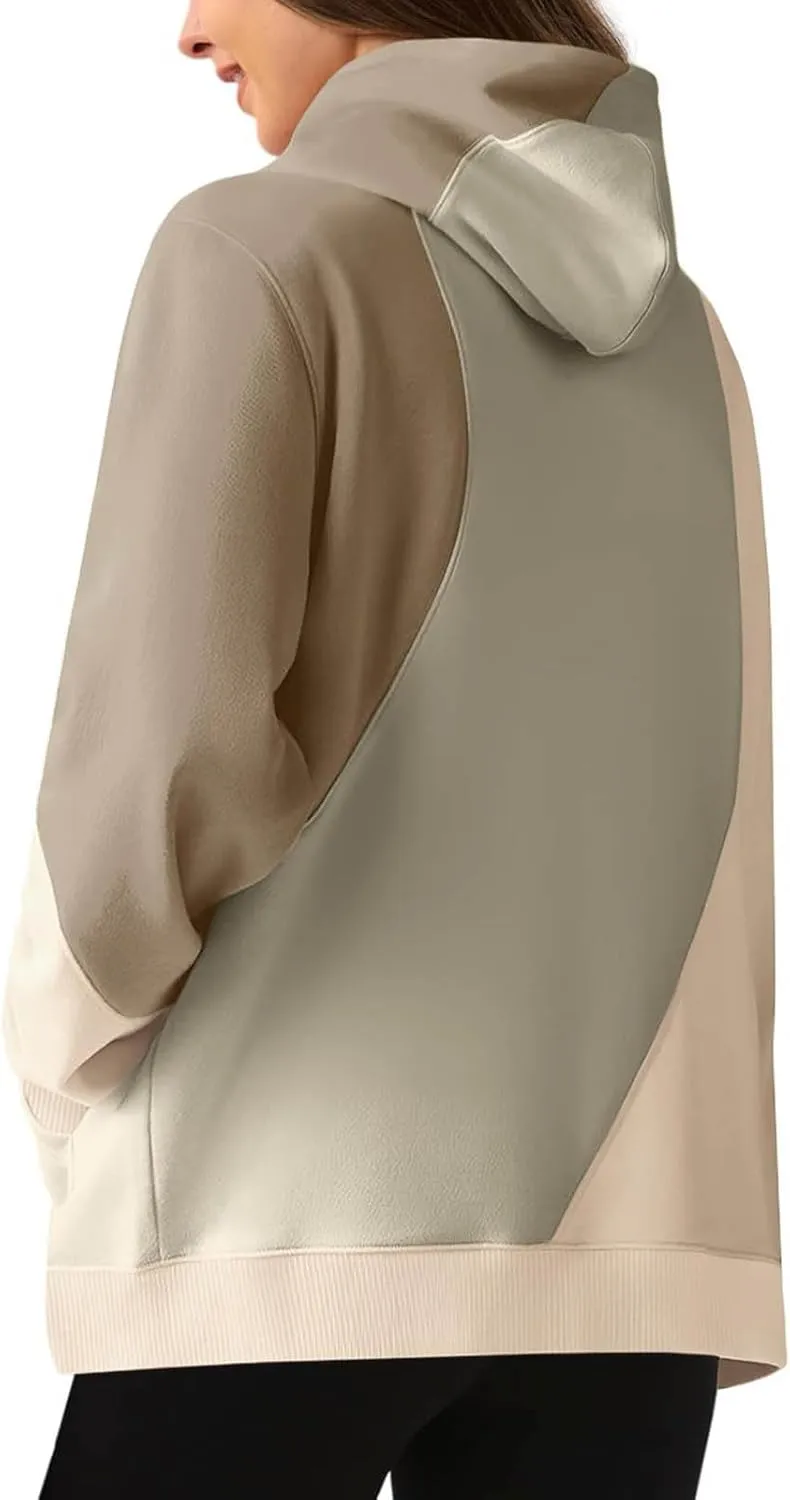 Hoodies for Women Long Sleeve Hoodies Pullover Color Block Loose Fit Hooded Sweatshirt with Pockets Casual Fall Clothes