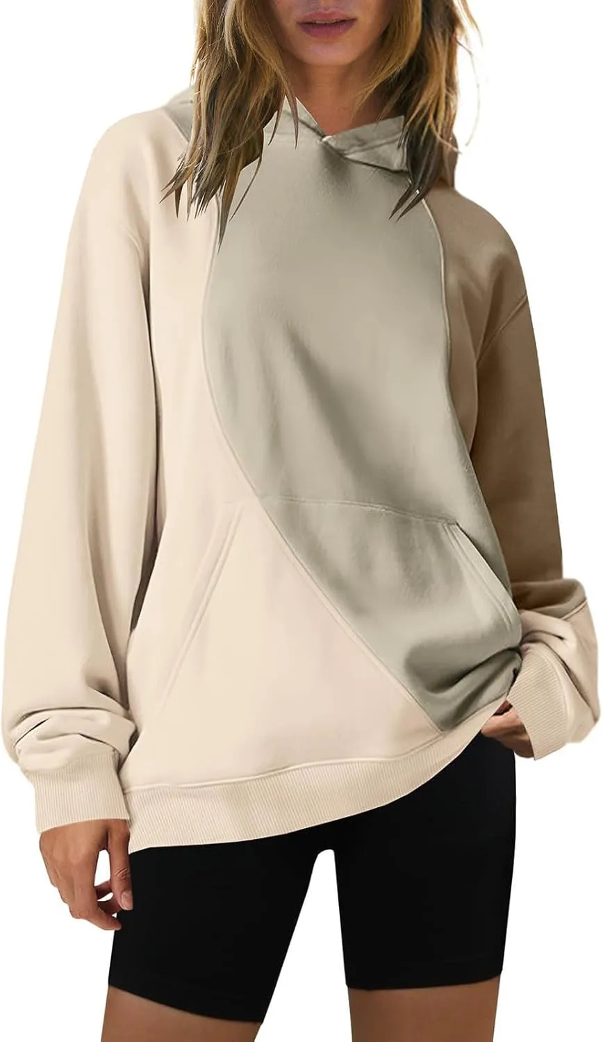 Hoodies for Women Long Sleeve Hoodies Pullover Color Block Loose Fit Hooded Sweatshirt with Pockets Casual Fall Clothes