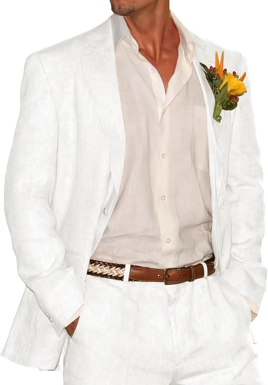 HUUTOE Men's Linen Suit 2 Piece Slim Fit Prom Party Business Beach Wedding Groomsmen Suits Linen Blazer Pants Tuxedo Set