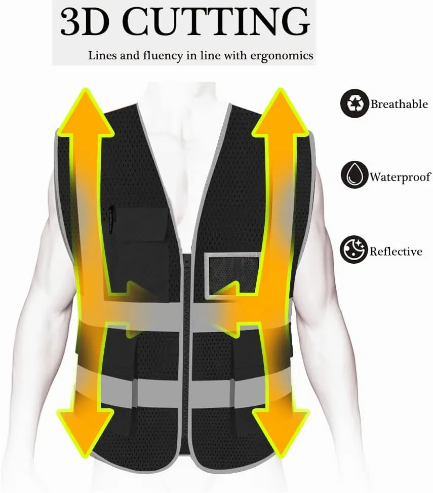 HYCOPROT High Visibility Mesh Safety Reflective Vest with Pockets and Zipper, Meets ANSI/ISEA Standards