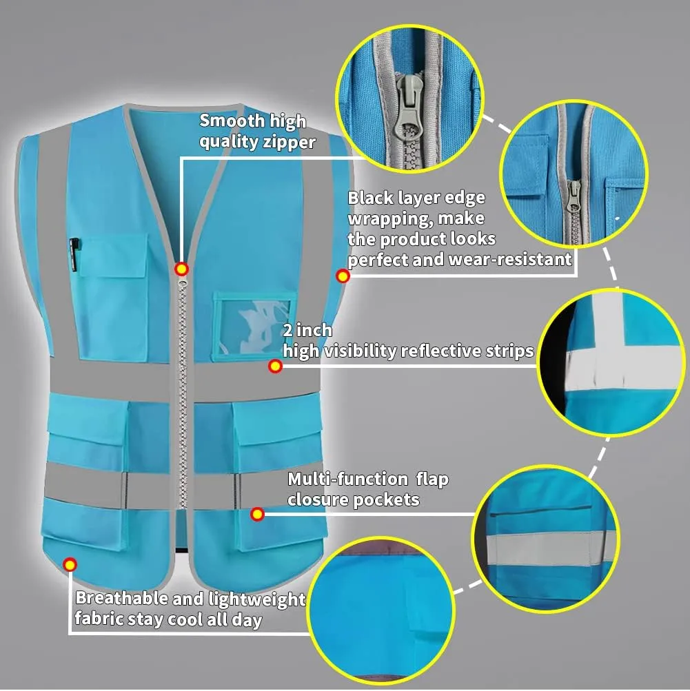 HYCOPROT High Visibility Safety Reflective Vest with Pockets and Zipper, Meets ANSI/ISEA Standards