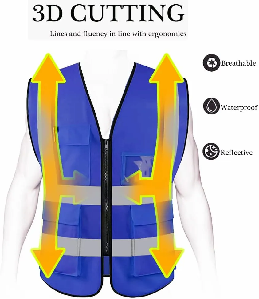 HYCOPROT High Visibility Safety Reflective Vest with Pockets and Zipper, Meets ANSI/ISEA Standards