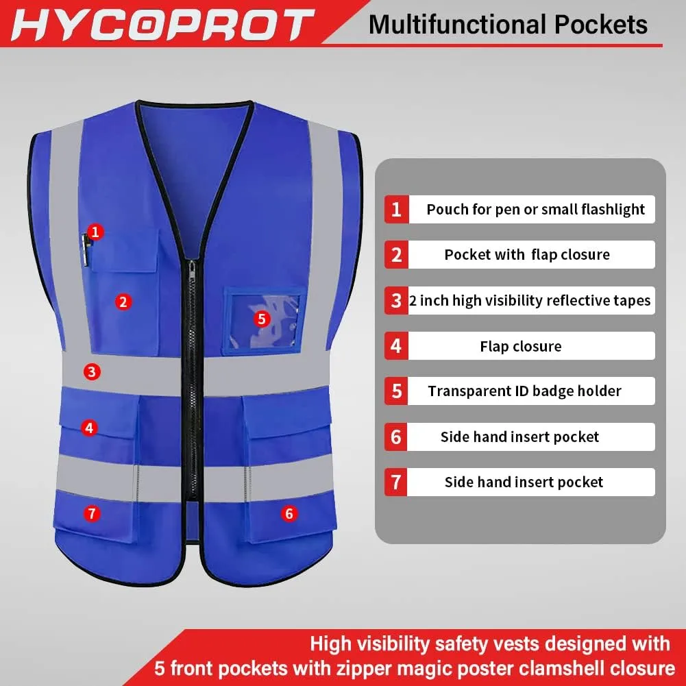 HYCOPROT High Visibility Safety Reflective Vest with Pockets and Zipper, Meets ANSI/ISEA Standards
