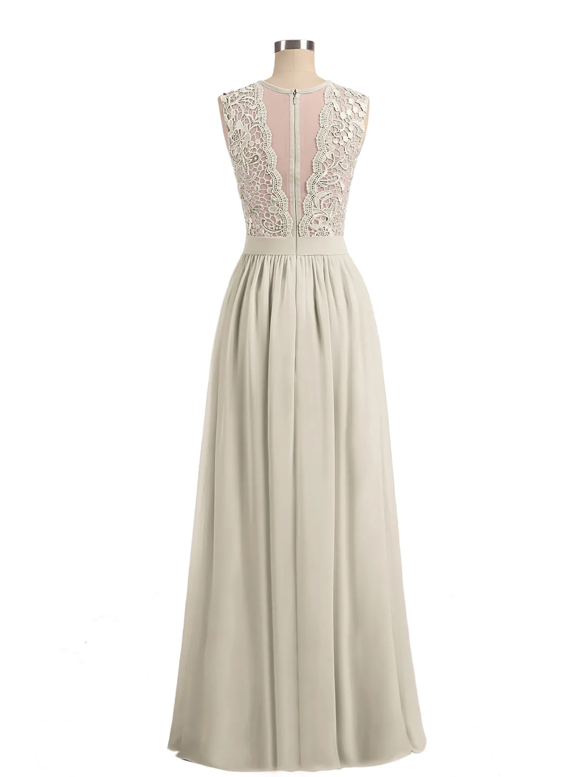Illusion Neck Chiffon and Lace Dresses Taupe