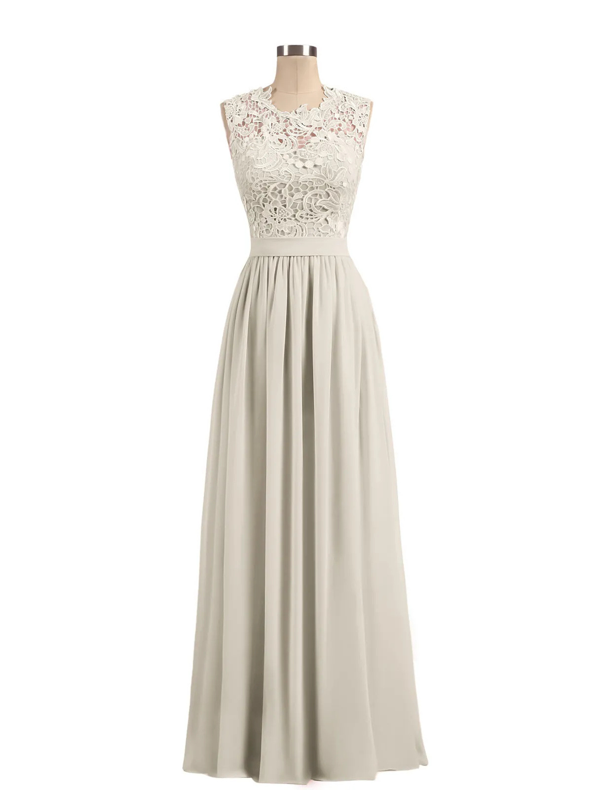 Illusion Neck Chiffon and Lace Dresses Taupe