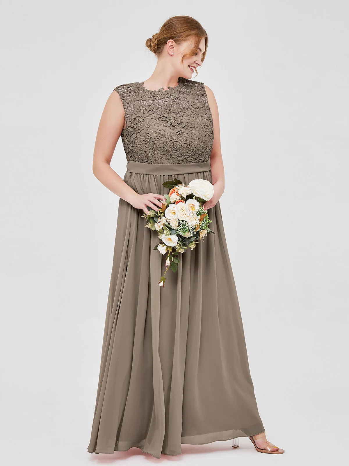 Illusion Neck Chiffon and Lace Dresses Taupe