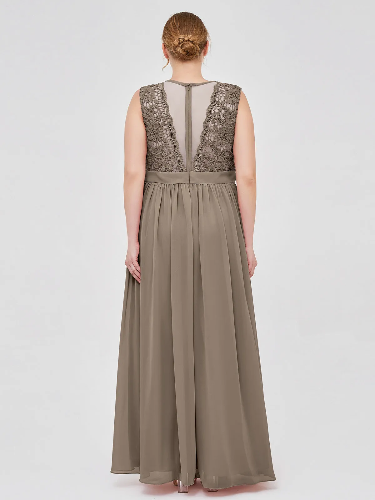 Illusion Neck Chiffon and Lace Dresses Taupe