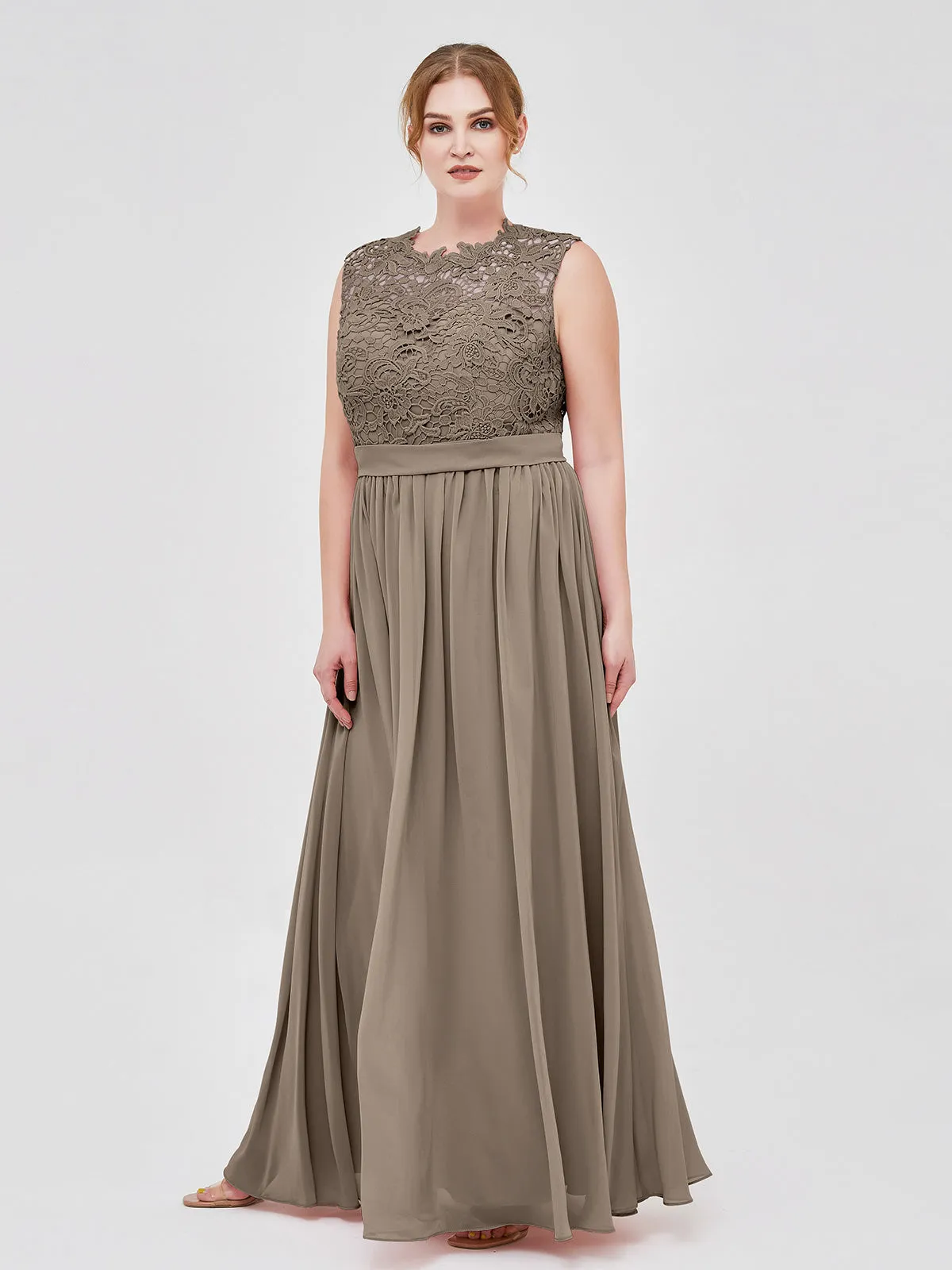 Illusion Neck Chiffon and Lace Dresses Taupe