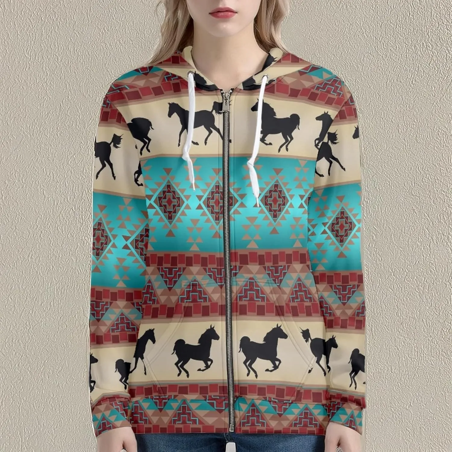 Irisjudy Island Tribal Zipper Women Hoodies with Pocket, Leopard Print,Music Notes Plus Size Hooded Sweatshirt Sport Coat