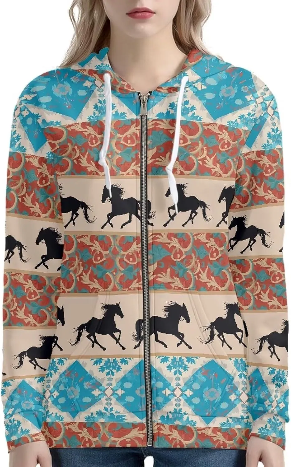 Irisjudy Island Tribal Zipper Women Hoodies with Pocket, Leopard Print,Music Notes Plus Size Hooded Sweatshirt Sport Coat