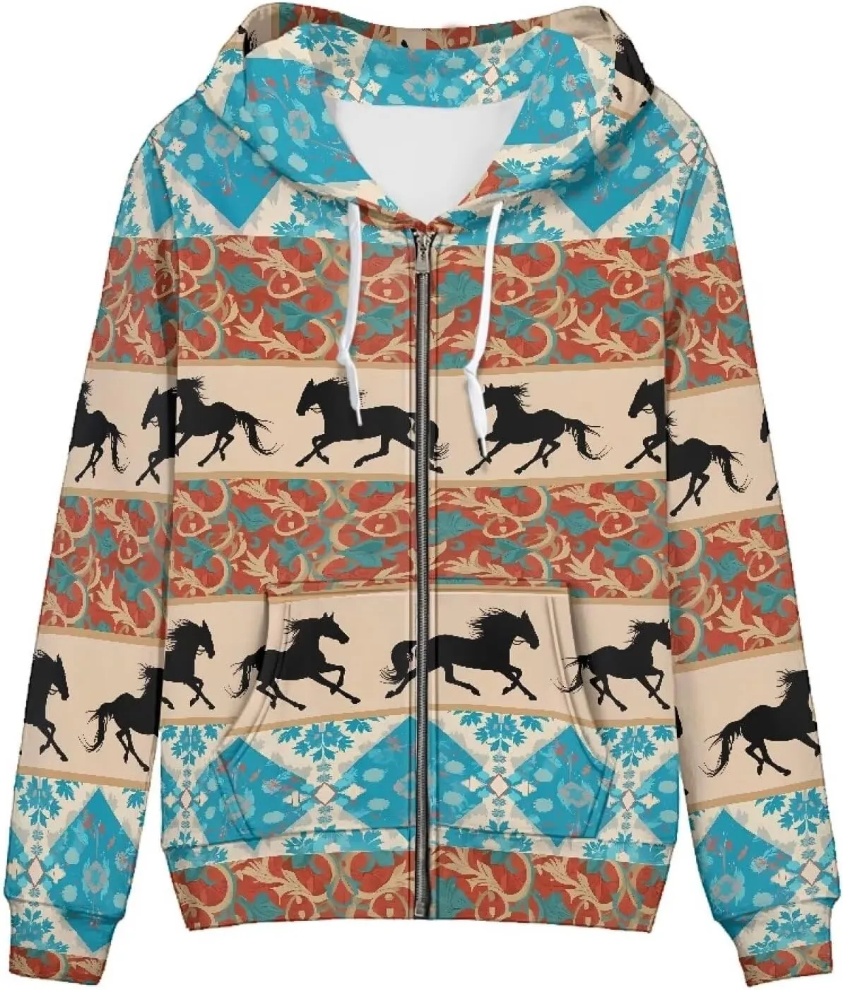 Irisjudy Island Tribal Zipper Women Hoodies with Pocket, Leopard Print,Music Notes Plus Size Hooded Sweatshirt Sport Coat