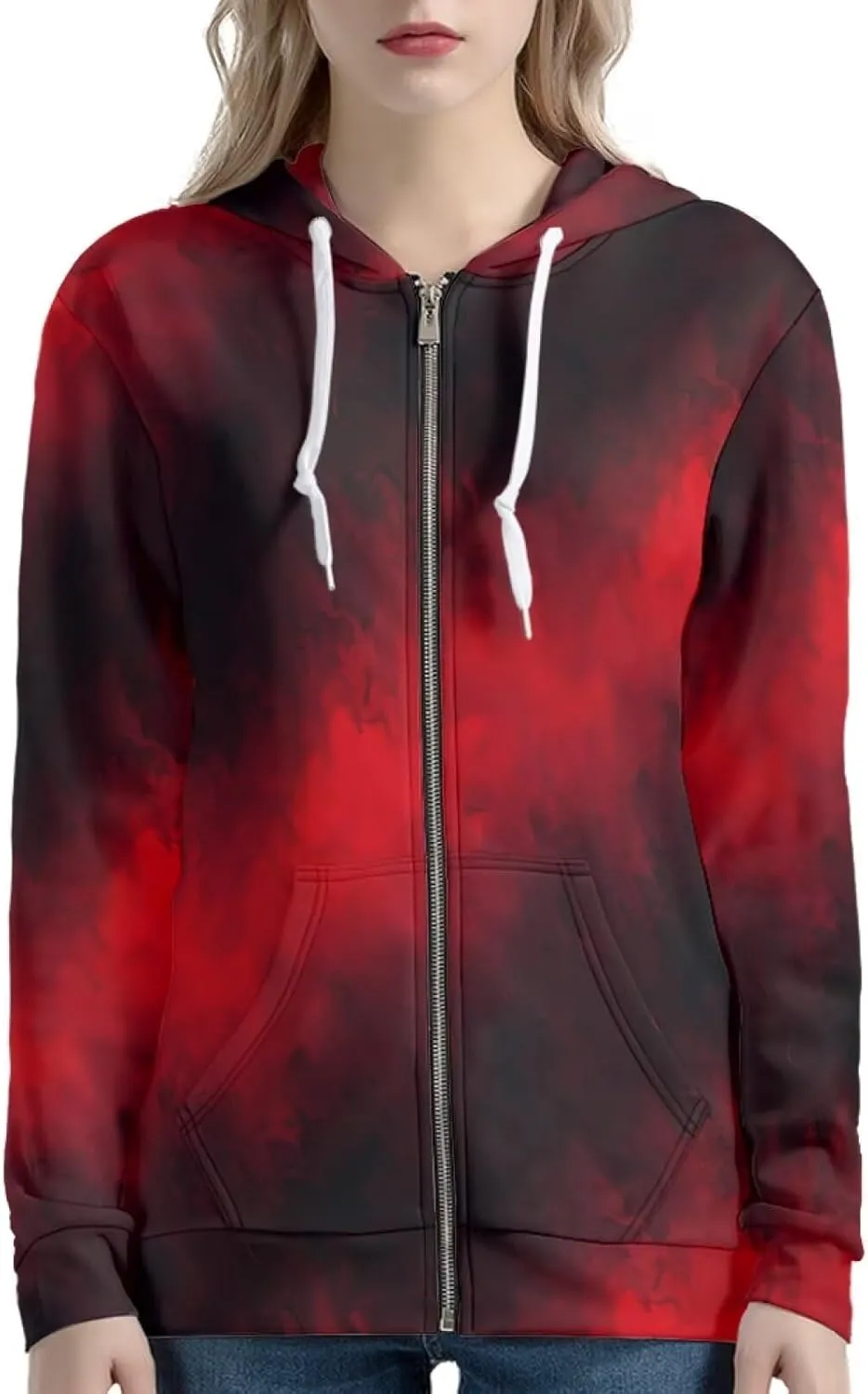 Irisjudy Women Oversized Hoodies Retro Boho Xmas Flower Hooded Jacket Island Totem Long-Sleeve Fall Outwear Sweatshirt Zip-up
