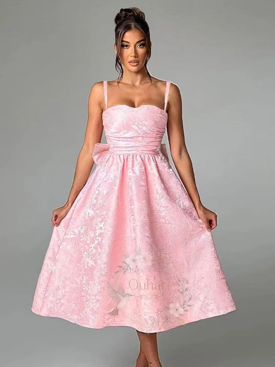 Jacquard Satin Prom Dresses Bow Back for Women Sweetheart Tea Length A Line Formal Party Gown