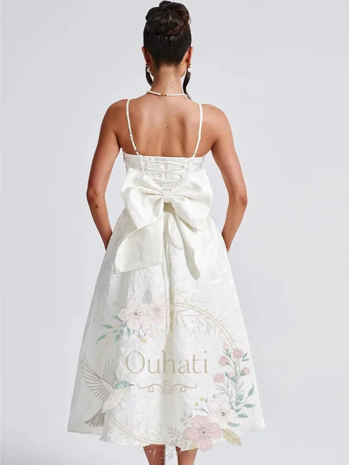 Jacquard Satin Prom Dresses Bow Back for Women Sweetheart Tea Length A Line Formal Party Gown