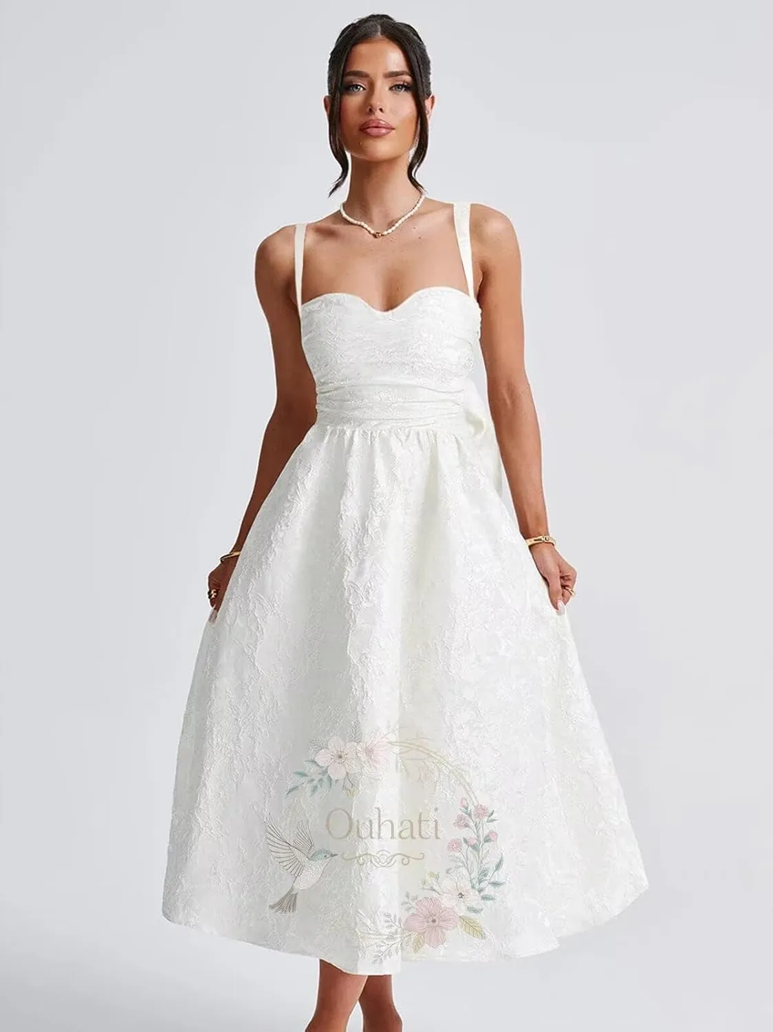 Jacquard Satin Prom Dresses Bow Back for Women Sweetheart Tea Length A Line Formal Party Gown