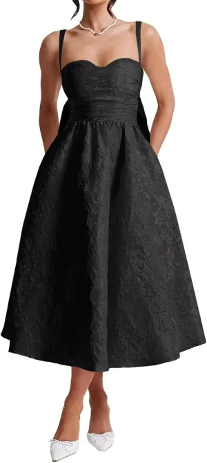 Jacquard Satin Prom Dresses Bow Back for Women Sweetheart Tea Length A Line Formal Party Gown