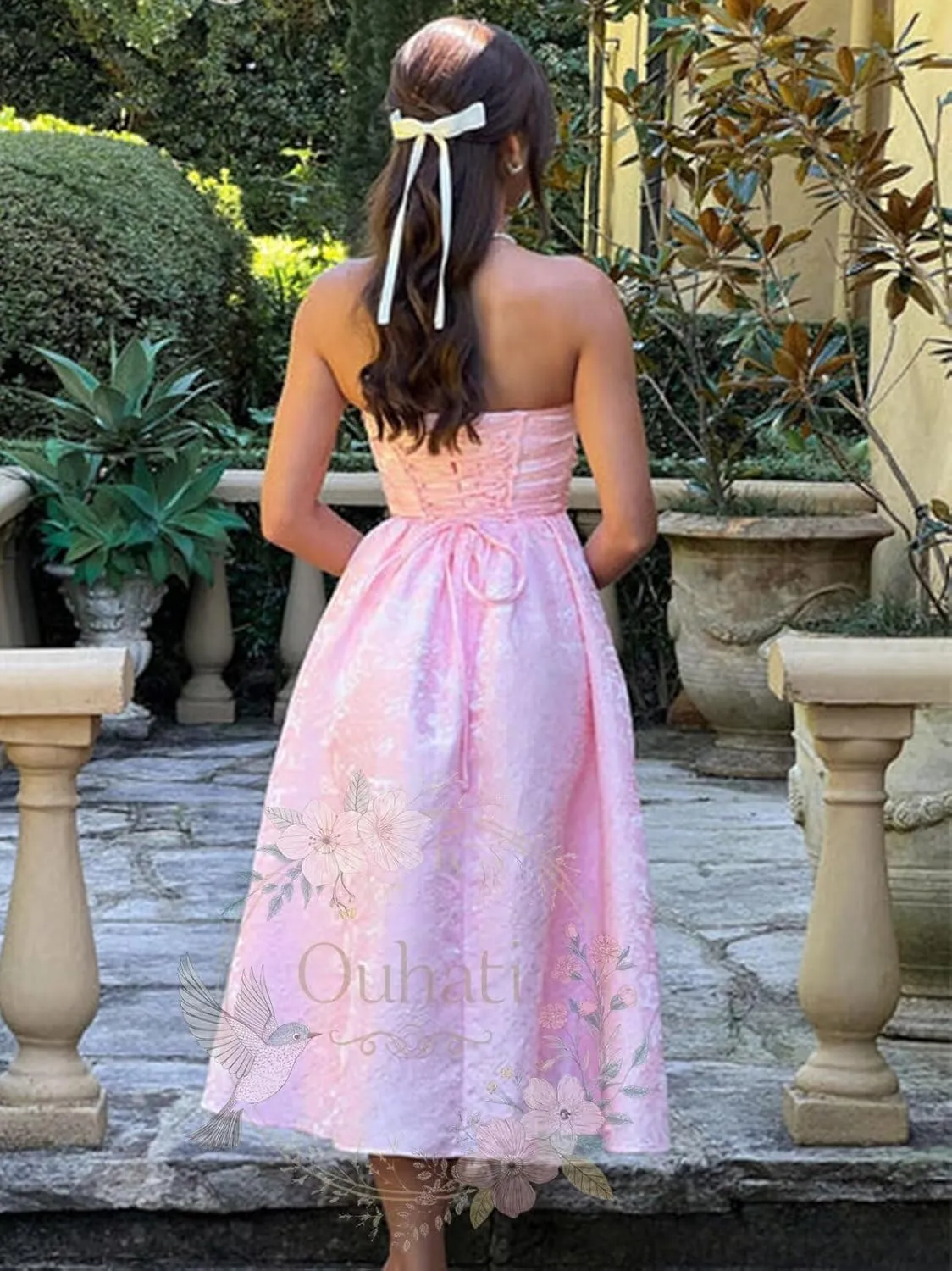 Jacquard Satin Prom Dresses Bow Back for Women Sweetheart Tea Length A Line Formal Party Gown