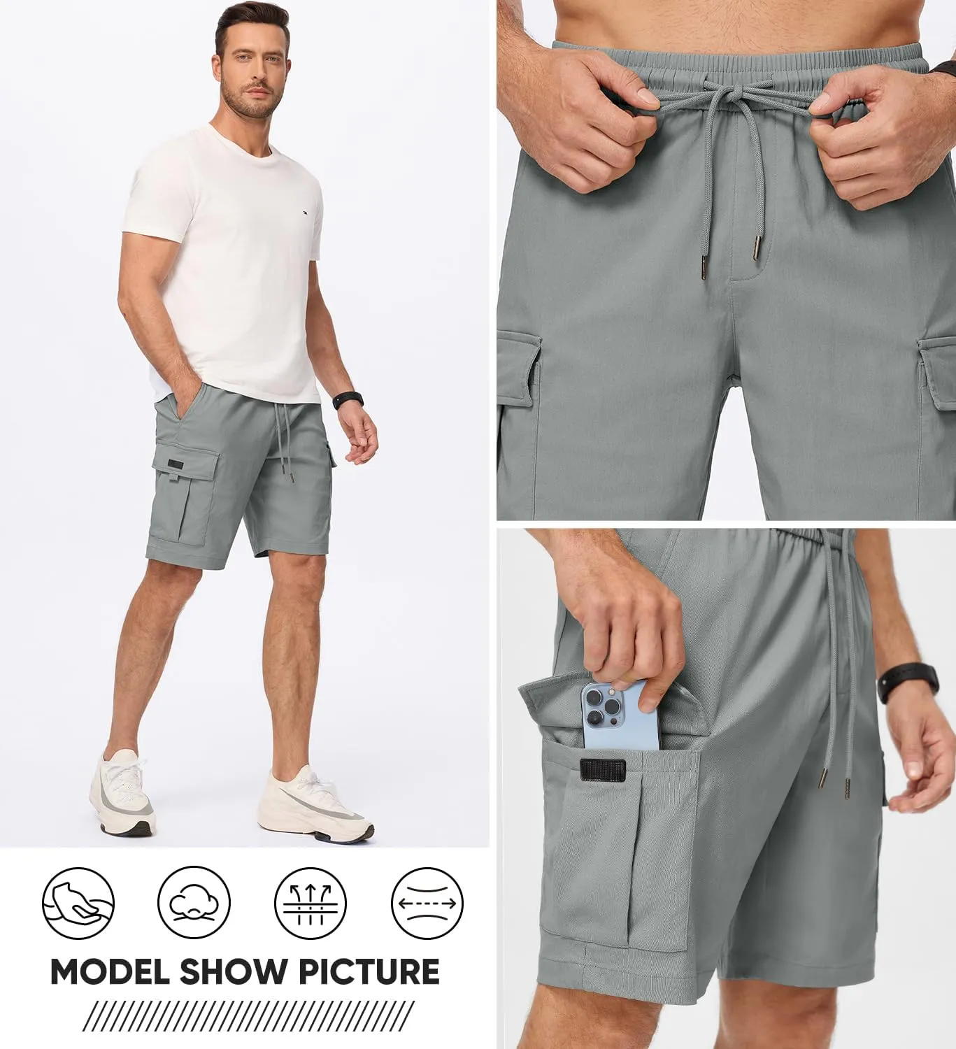 JMIERR Men's Casual Stretch Cargo Shorts Classic Drawstring Elastic Waist Summer Work Short with Multi Pockets