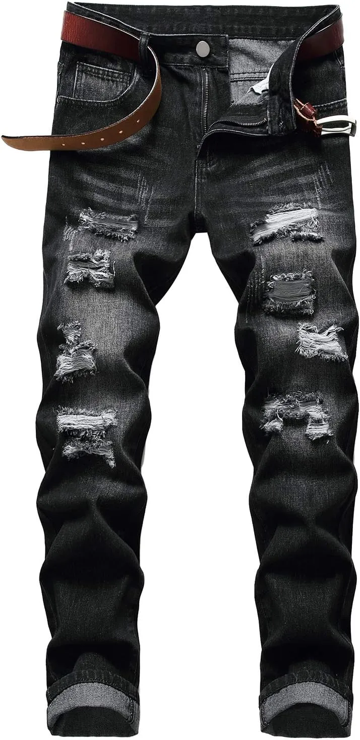 LAMKUKU Men's Ripped Jeans Slim Fit Casual Distressed Denim Pants