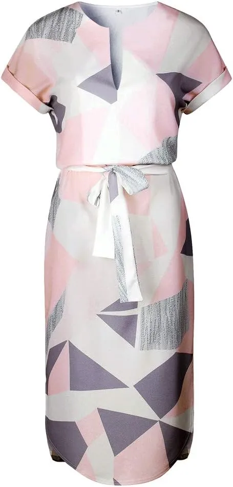 LitBud Womens Midi Dresses Summer V-Neck Short Sleeve Casual Office Geometric Belted Dress