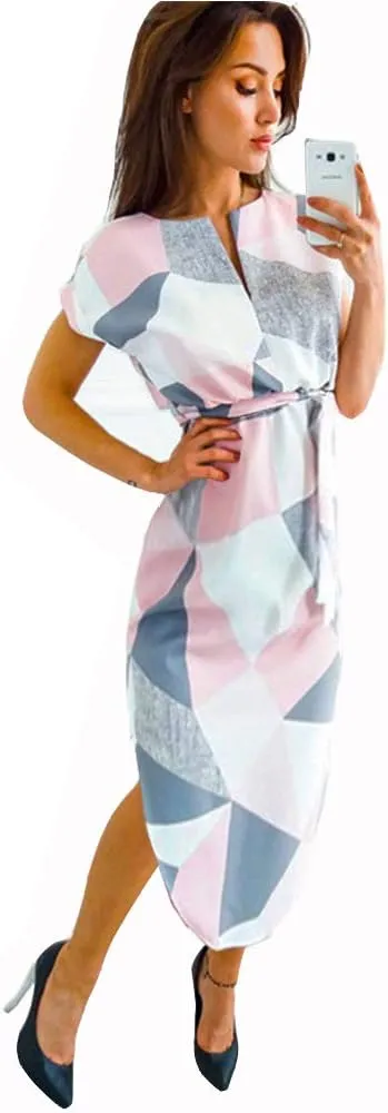 LitBud Womens Midi Dresses Summer V-Neck Short Sleeve Casual Office Geometric Belted Dress