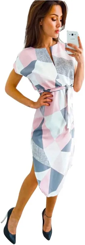 LitBud Womens Midi Dresses Summer V-Neck Short Sleeve Casual Office Geometric Belted Dress