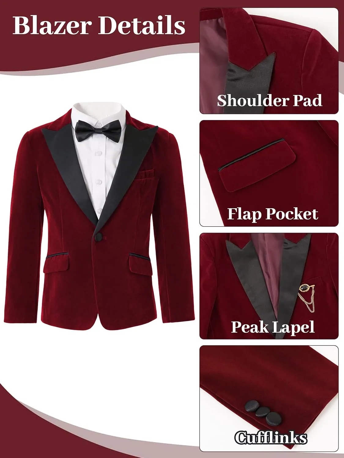 LOLANTA Boys 4 Piece Velvet Suit Formal Tuxedo Kids Slim Fit Blazer Dress Shirt Pants Outfit with Bow Tie