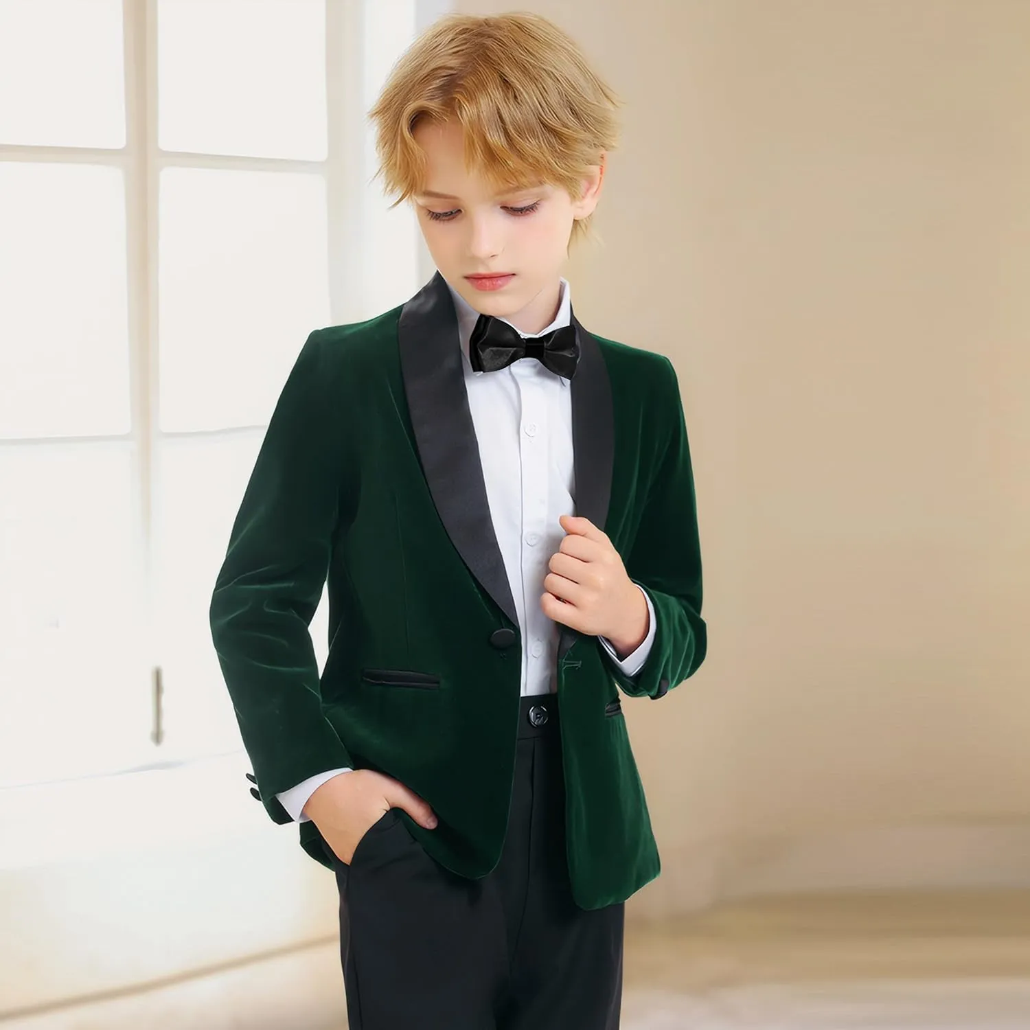 LOLANTA Boys 4 Piece Velvet Suit Formal Tuxedo Kids Slim Fit Blazer Dress Shirt Pants Outfit with Bow Tie