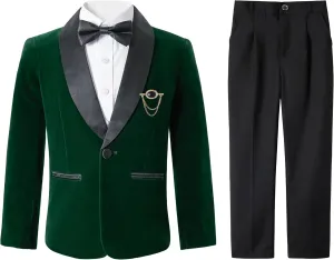 LOLANTA Boys 4 Piece Velvet Suit Formal Tuxedo Kids Slim Fit Blazer Dress Shirt Pants Outfit with Bow Tie