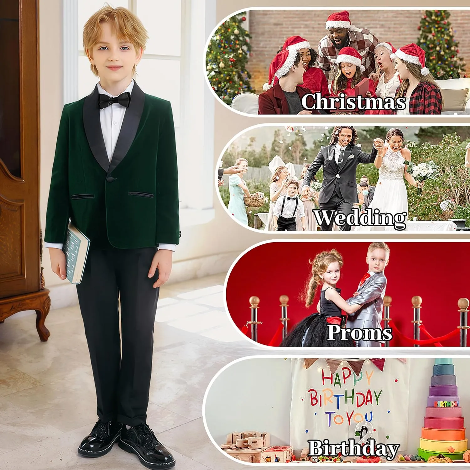 LOLANTA Boys 4 Piece Velvet Suit Formal Tuxedo Kids Slim Fit Blazer Dress Shirt Pants Outfit with Bow Tie