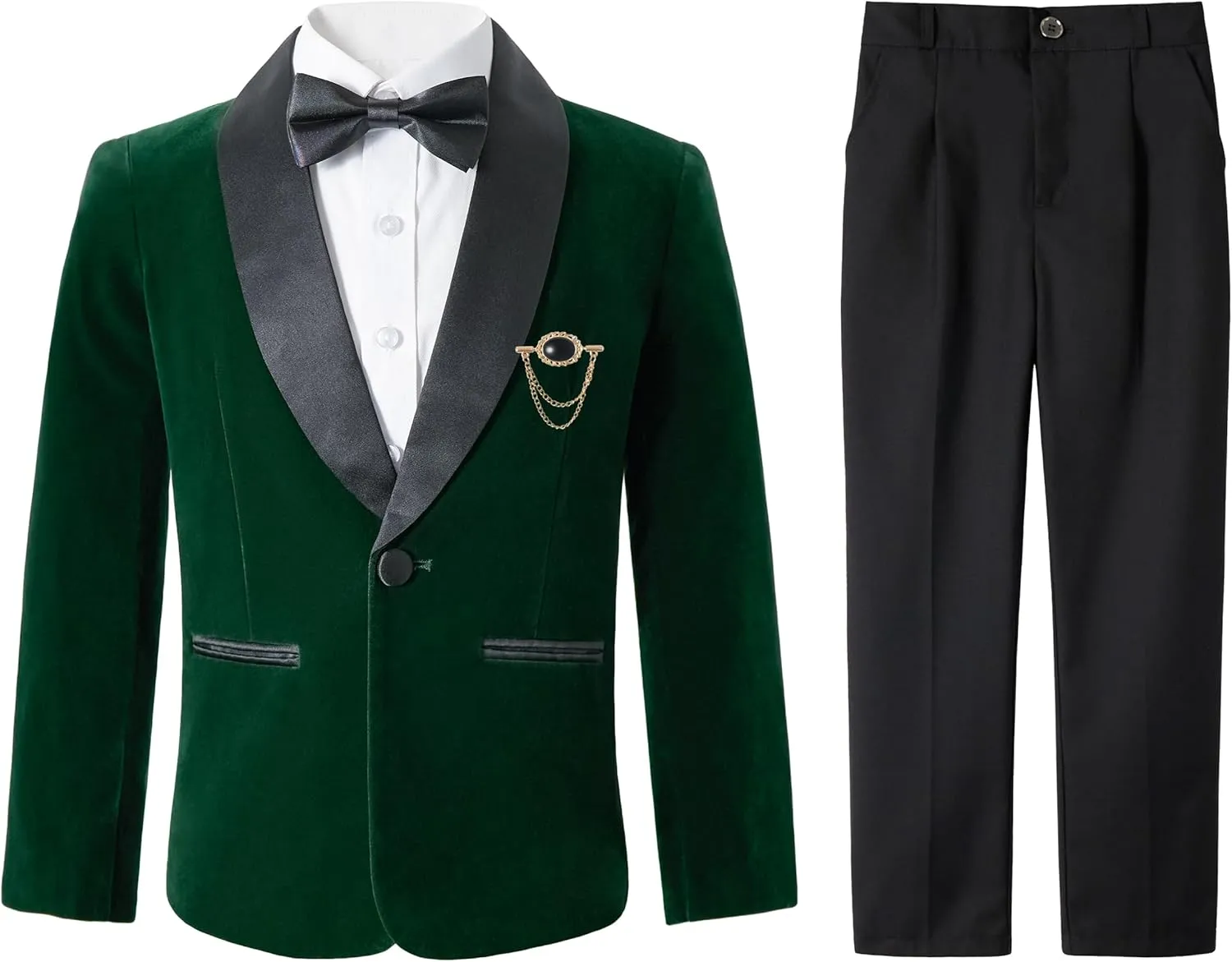 LOLANTA Boys 4 Piece Velvet Suit Formal Tuxedo Kids Slim Fit Blazer Dress Shirt Pants Outfit with Bow Tie