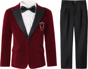 LOLANTA Boys 4 Piece Velvet Suit Formal Tuxedo Kids Slim Fit Blazer Dress Shirt Pants Outfit with Bow Tie