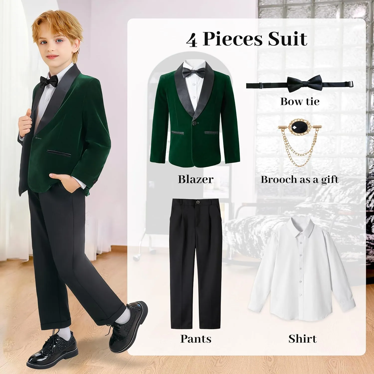 LOLANTA Boys 4 Piece Velvet Suit Formal Tuxedo Kids Slim Fit Blazer Dress Shirt Pants Outfit with Bow Tie