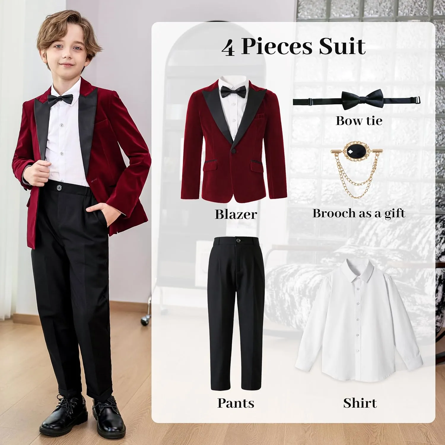 LOLANTA Boys 4 Piece Velvet Suit Formal Tuxedo Kids Slim Fit Blazer Dress Shirt Pants Outfit with Bow Tie