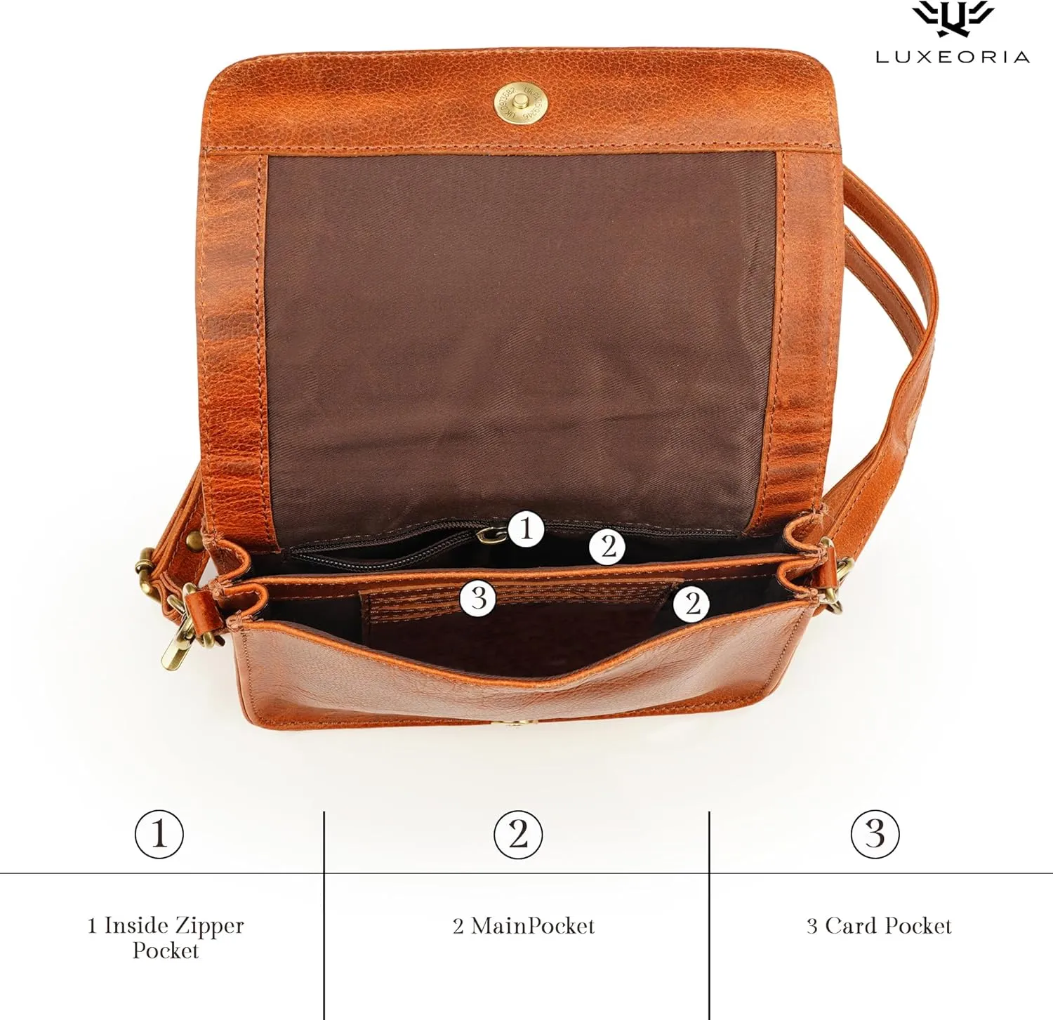 LUXEORIA Genuine Leather Crossbody Bags for Women, Small Travel Purses, Mobile & Credit Card Pockets with Adjustable Strap
