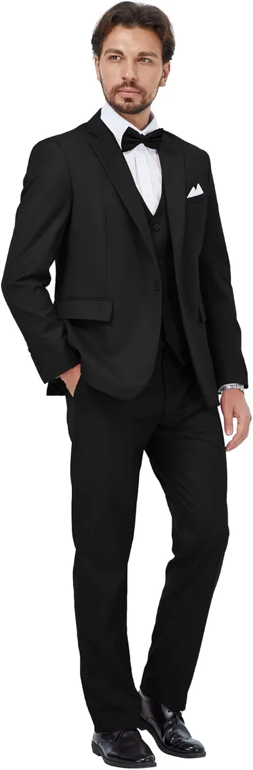 MAGE MALE Mens 3 Piece Suits Slim Fit Tuxedo Suit Set Soild Prom Wedding Suits One Button Blazer Vest Pants Set with Bow Tie
