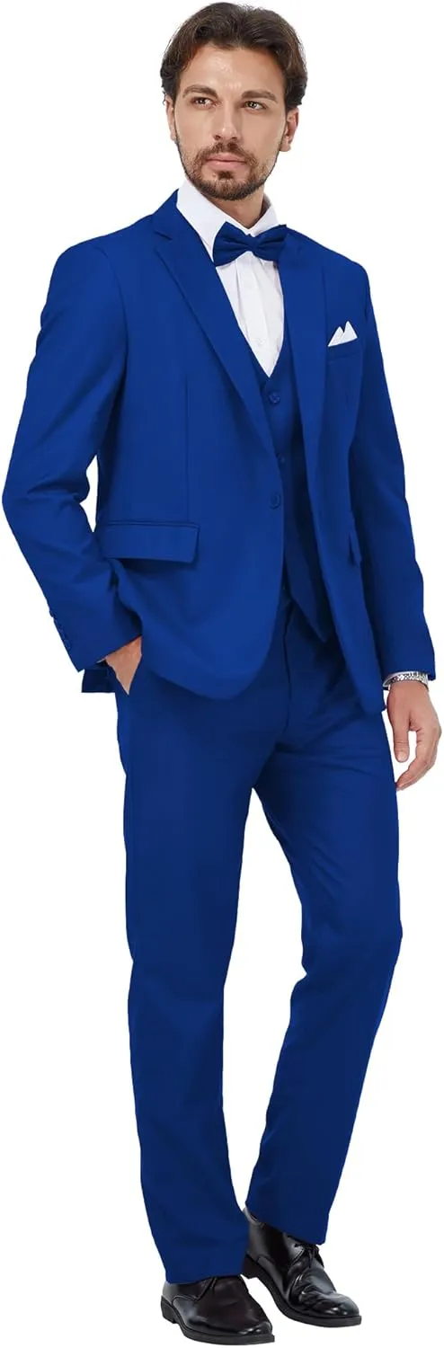 MAGE MALE Mens 3 Piece Suits Slim Fit Tuxedo Suit Set Soild Prom Wedding Suits One Button Blazer Vest Pants Set with Bow Tie