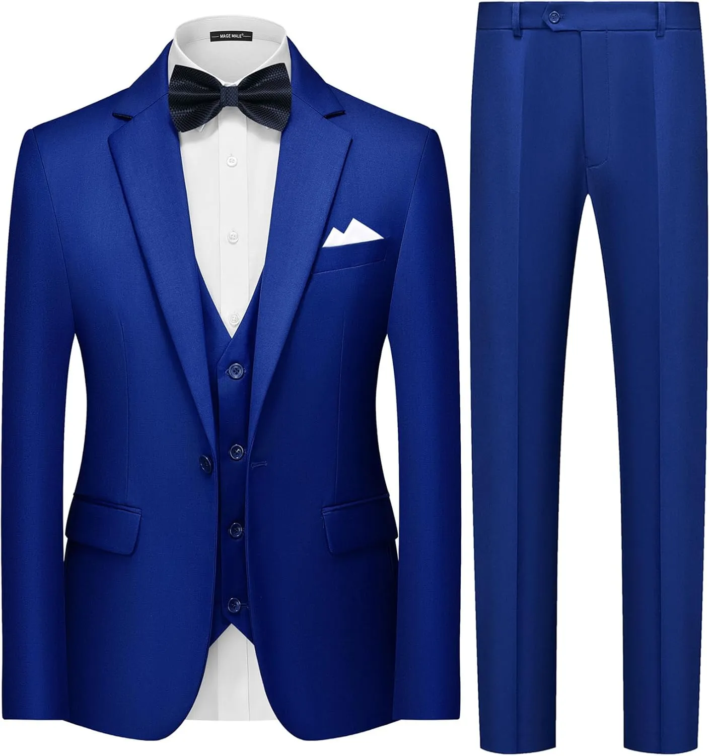 MAGE MALE Mens 3 Piece Suits Slim Fit Tuxedo Suit Set Soild Prom Wedding Suits One Button Blazer Vest Pants Set with Bow Tie