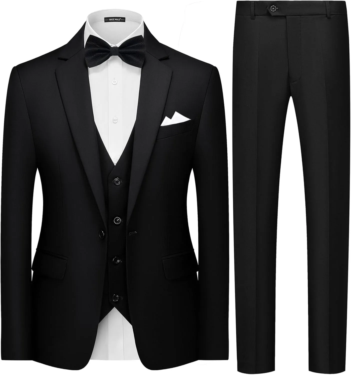 MAGE MALE Mens 3 Piece Suits Slim Fit Tuxedo Suit Set Soild Prom Wedding Suits One Button Blazer Vest Pants Set with Bow Tie