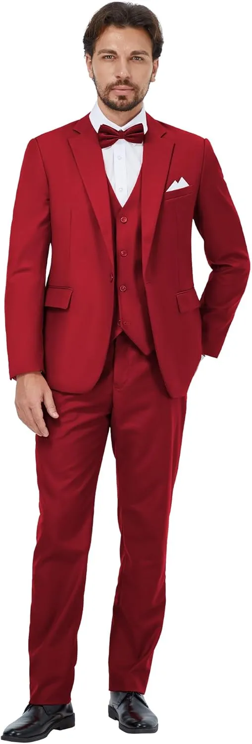MAGE MALE Mens 3 Piece Suits Slim Fit Tuxedo Suit Set Soild Prom Wedding Suits One Button Blazer Vest Pants Set with Bow Tie
