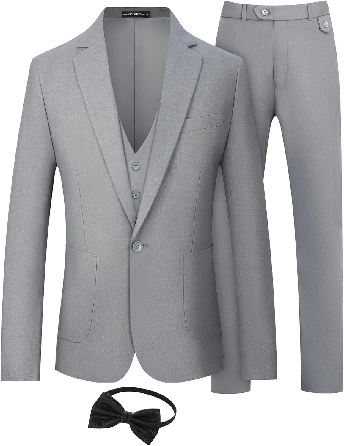 MAGE MALE Mens Tuxedo Suit Set 3 Piece Slim Fit Suits Wedding Prom Suits Patch Pockets Blazer Vest Pants Set with Bow Tie