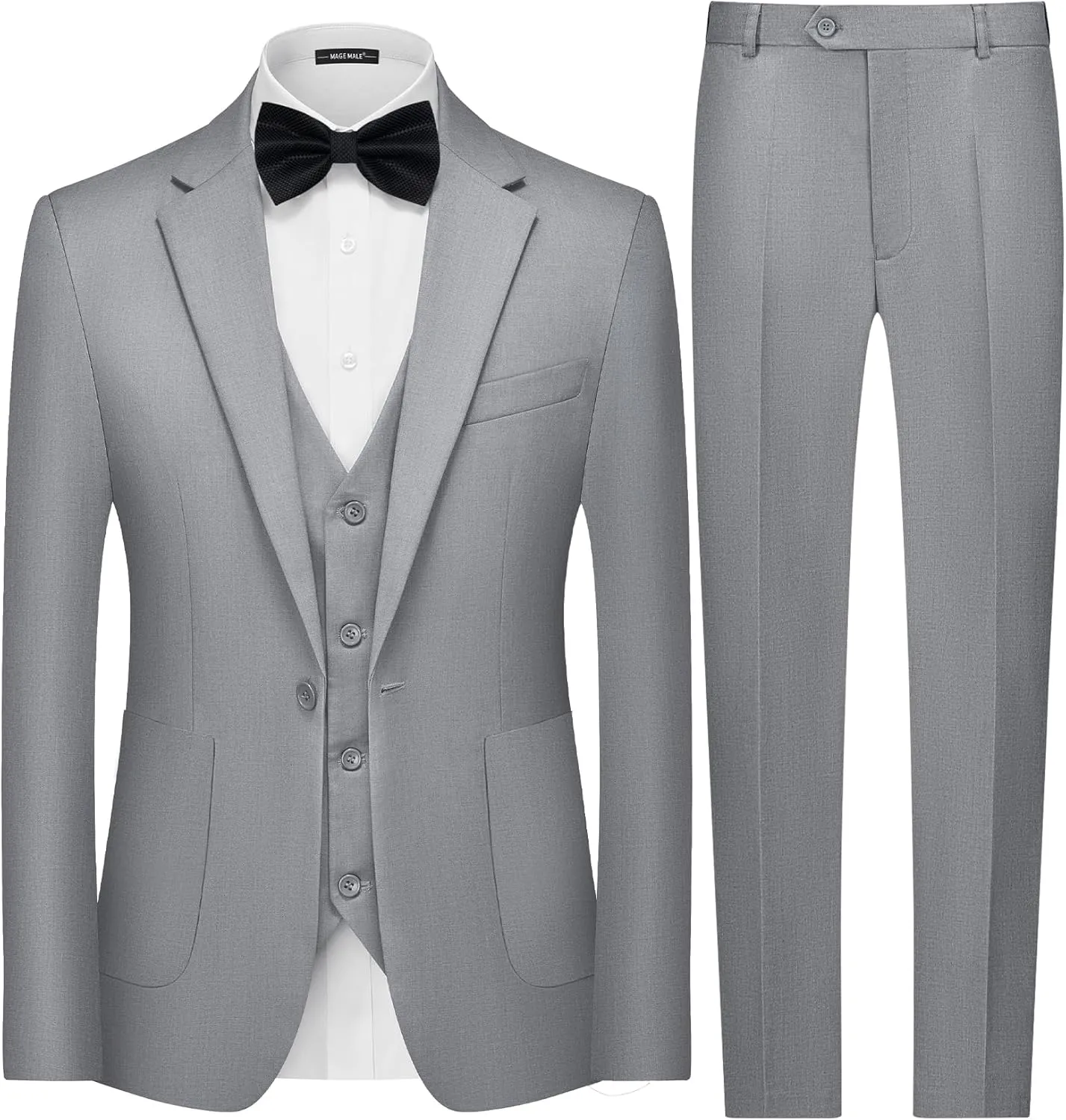 MAGE MALE Mens Tuxedo Suit Set 3 Piece Slim Fit Suits Wedding Prom Suits Patch Pockets Blazer Vest Pants Set with Bow Tie