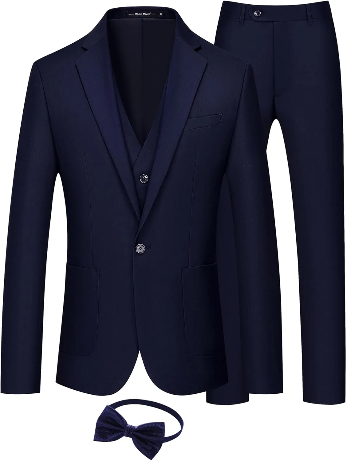 MAGE MALE Mens Tuxedo Suit Set 3 Piece Slim Fit Suits Wedding Prom Suits Patch Pockets Blazer Vest Pants Set with Bow Tie