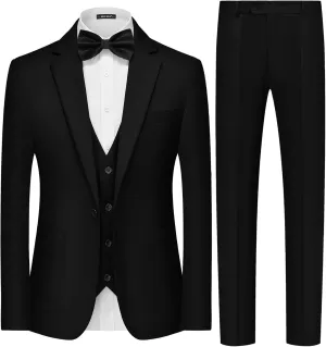 MAGE MALE Mens Tuxedo Suit Set 3 Piece Slim Fit Suits Wedding Prom Suits Patch Pockets Blazer Vest Pants Set with Bow Tie