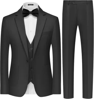 MAGE MALE Mens Tuxedo Suit Set 3 Piece Slim Fit Suits Wedding Prom Suits Patch Pockets Blazer Vest Pants Set with Bow Tie