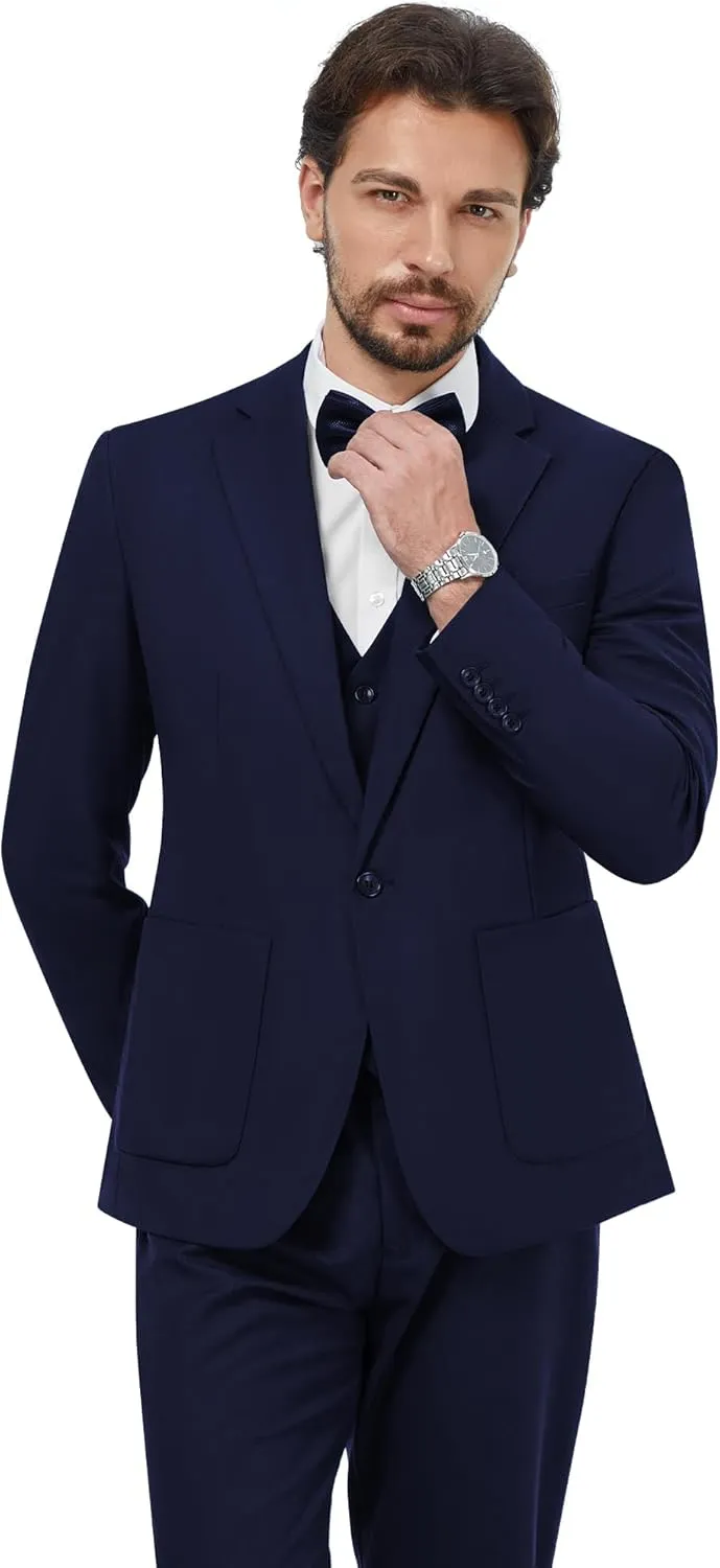 MAGE MALE Mens Tuxedo Suit Set 3 Piece Slim Fit Suits Wedding Prom Suits Patch Pockets Blazer Vest Pants Set with Bow Tie
