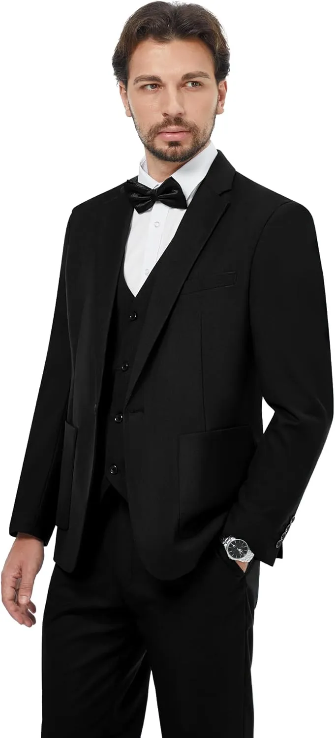 MAGE MALE Mens Tuxedo Suit Set 3 Piece Slim Fit Suits Wedding Prom Suits Patch Pockets Blazer Vest Pants Set with Bow Tie
